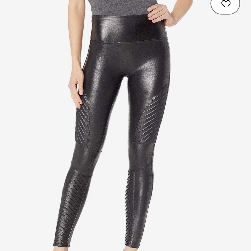 Spanx faux leather moto coated leggings pants black gray size Large